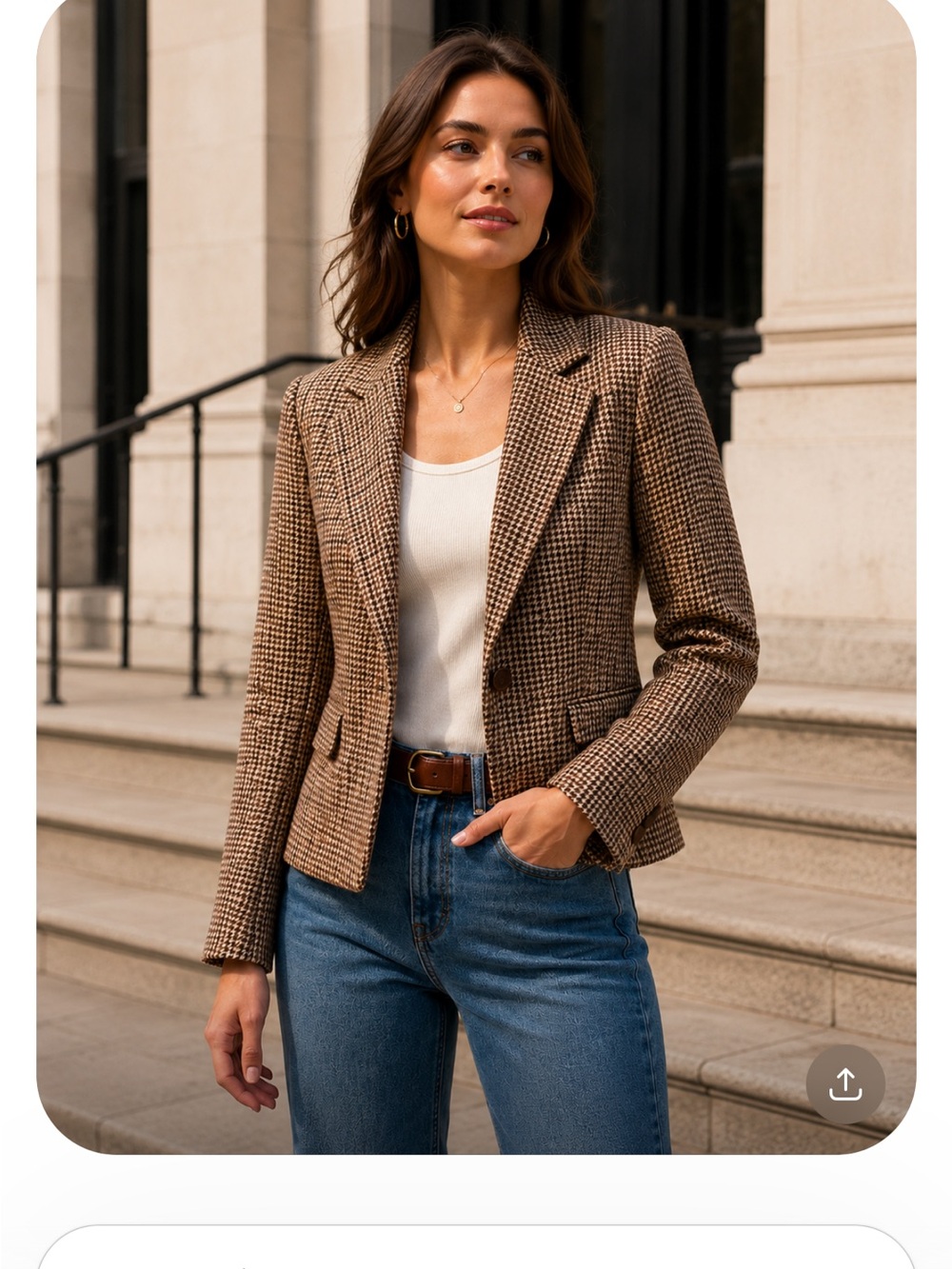 J Crew Brown Tweed Shorter Waist Blazer w Leather Closure Button & Sleeves